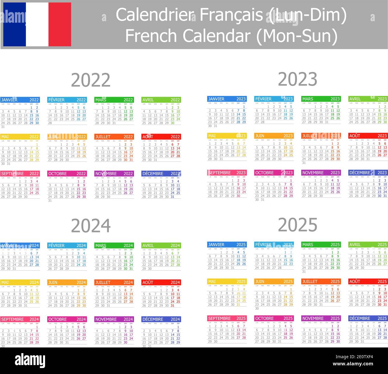 20222025 Calendario Type1 Francese LunDom su sfondo bianco Immagine