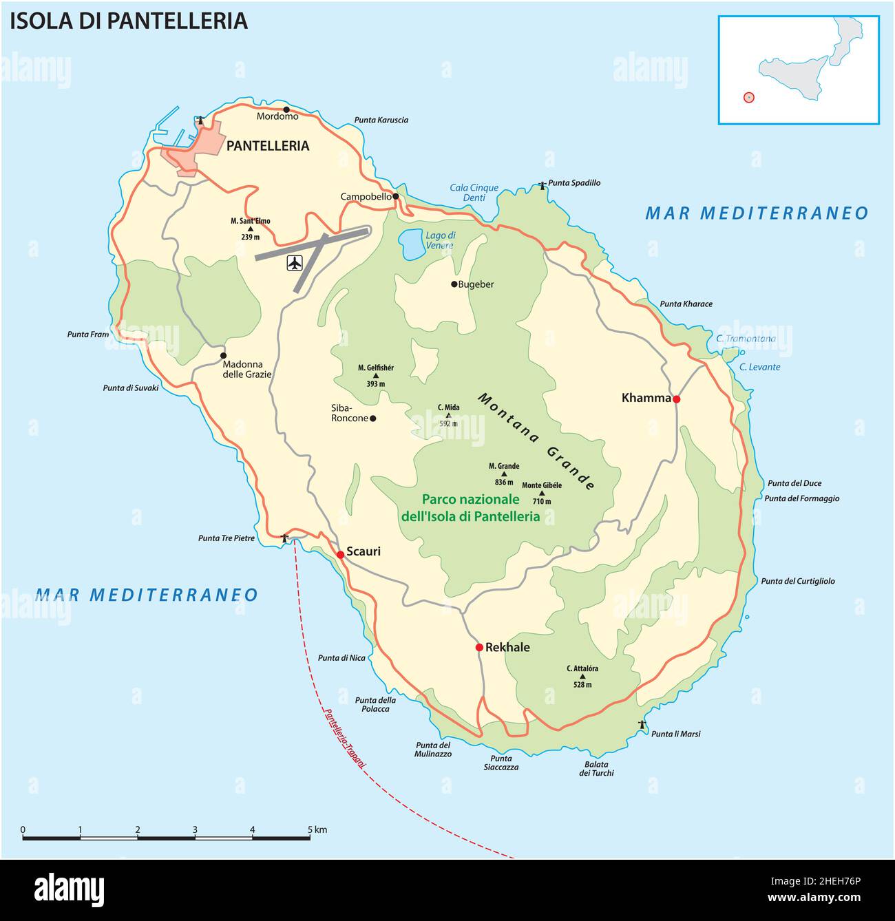 Mappa stradale vettoriale dell'isola vulcanica italiana di Pantelleria ...