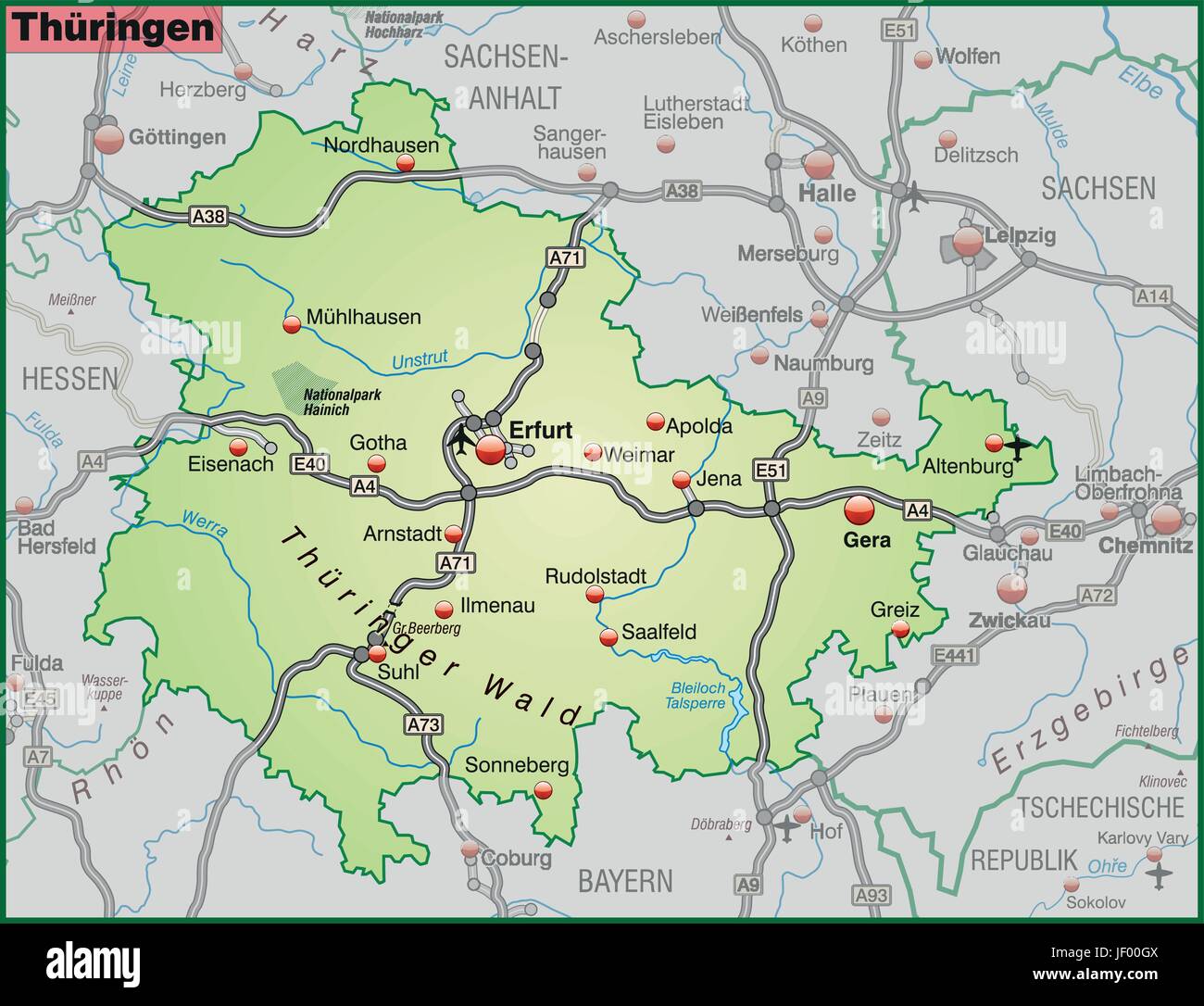 Mappa di Turingia con la rete di trasporto in verde pastello Immagine e